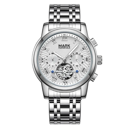 Silver watch with detailed face on a white background