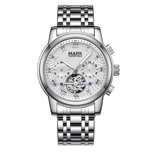 Silver watch with detailed face on a white background