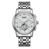 Silver watch with detailed face on a white background