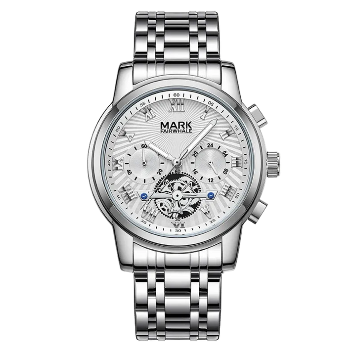 Silver watch with detailed face on a white background