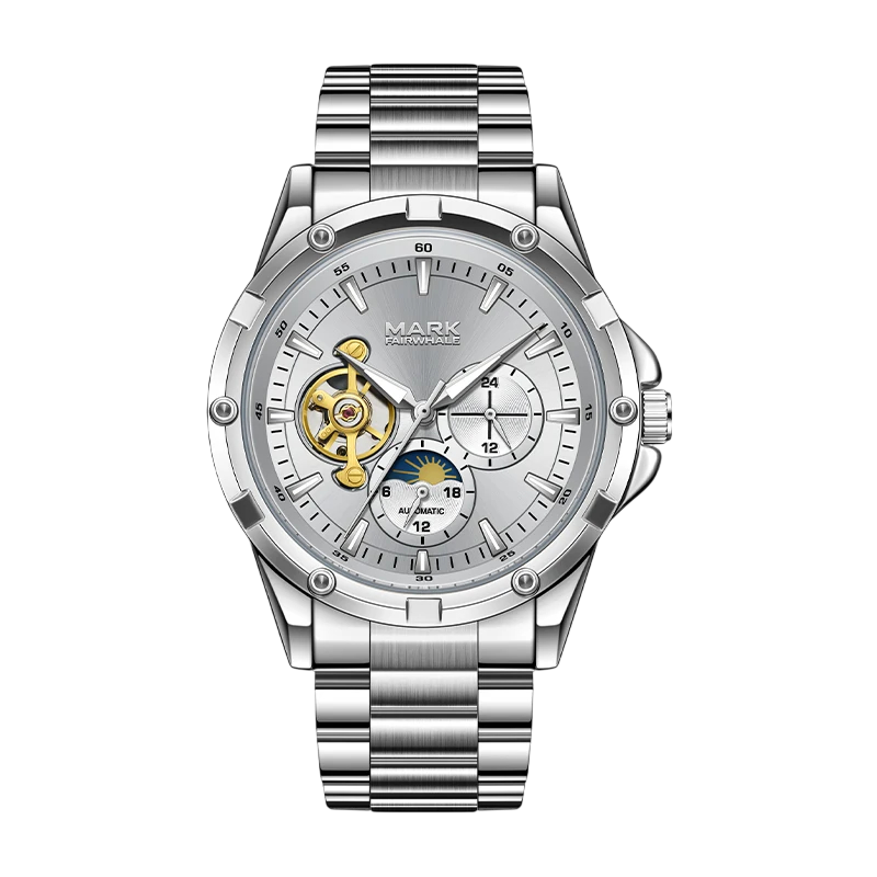 Silver watch with detailed face on a white background