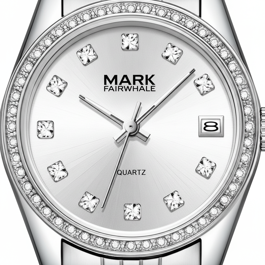 Silver watch with diamond-like crystals on the face, brand 'Mark Fairwhale' visible.