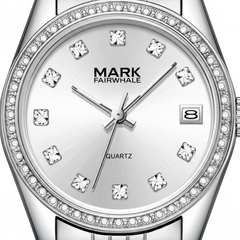 Silver watch with diamond-like crystals on the face, brand 'Mark Fairwhale' visible.