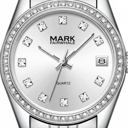 Silver watch with diamond-like crystals on the face, brand &
