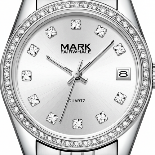 Silver watch with diamond-like crystals on the face, brand &