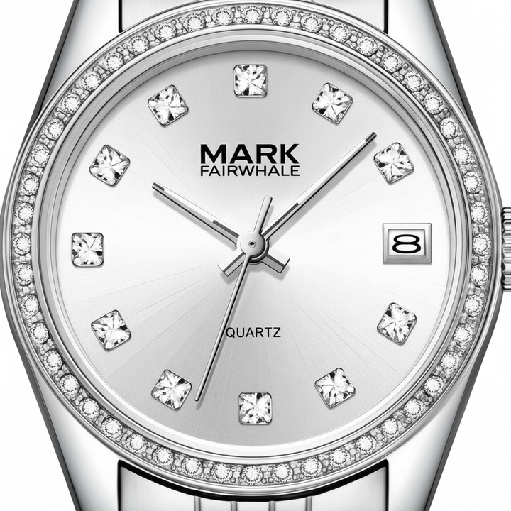 Silver watch with diamond-like crystals on the face, brand &