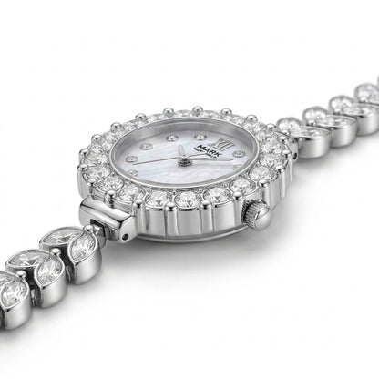 Silver watch with diamond-studded bracelet on a white background