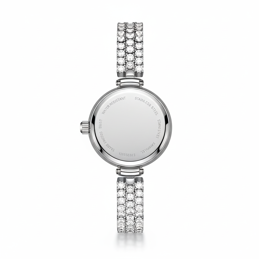 Silver watch with diamond-studded bracelet on a white background