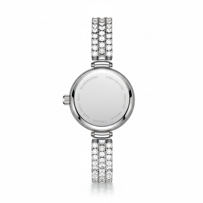 Silver watch with diamond-studded bracelet on a white background