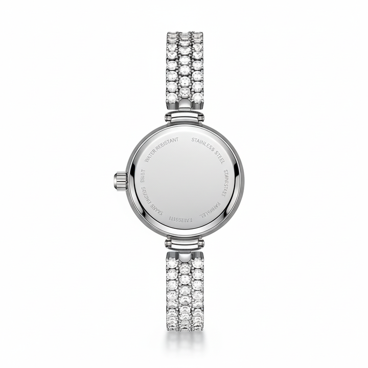 Silver watch with diamond-studded bracelet on a white background