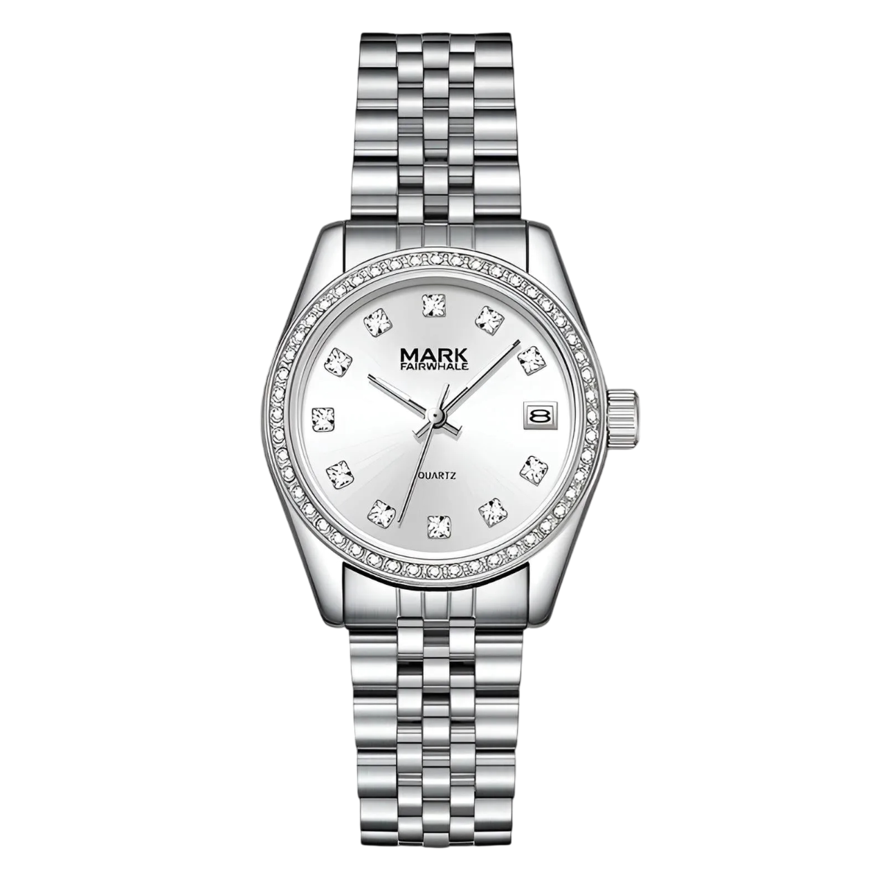 Silver watch with diamond-studded face on a white background