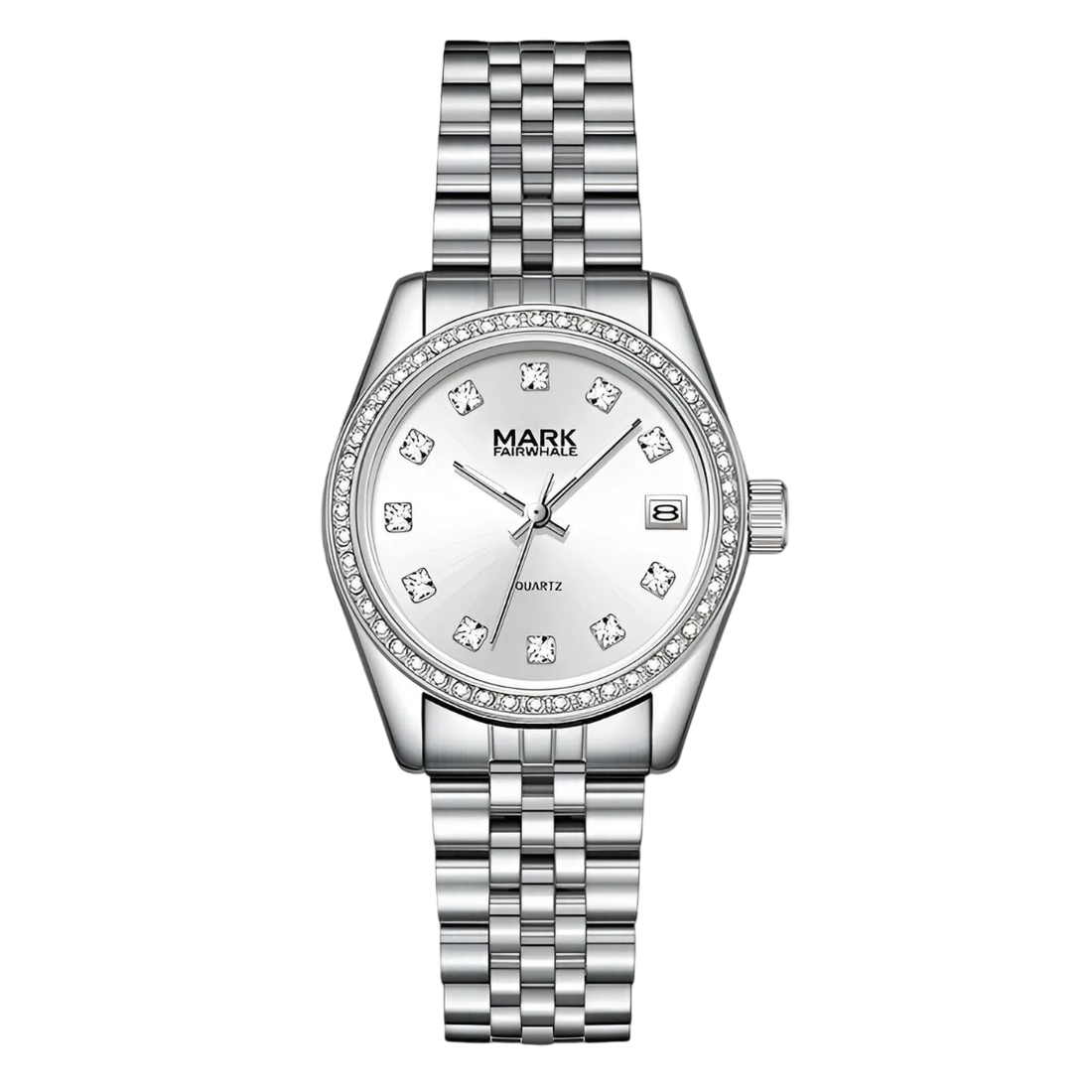 Silver watch with diamond-studded face on a white background