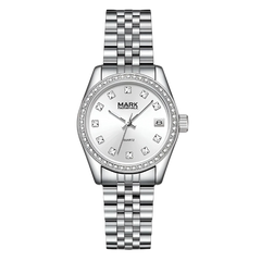 Silver watch with diamond-studded face on a white background