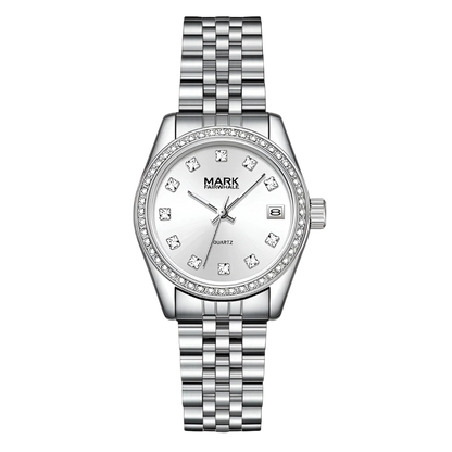Silver watch with diamond-studded face on a white background
