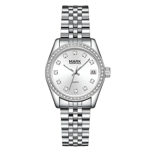 Silver watch with diamond-studded face on a white background
