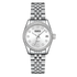 Silver watch with diamond-studded face on a white background