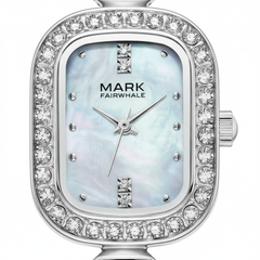 Silver watch with diamond accents and a light blue face, branded 'Mark Fairwhale'.