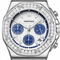 Silver watch with diamond accents and blue face on a white background