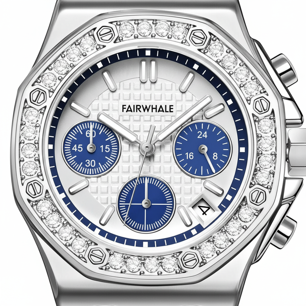 Silver watch with diamond accents and blue face on a white background