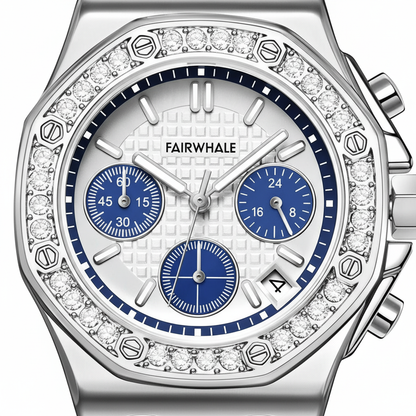 Silver watch with diamond accents and blue face on a white background