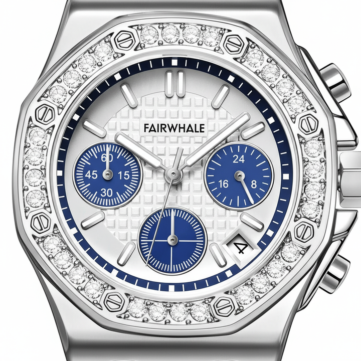 Silver watch with diamond accents and blue face on a white background