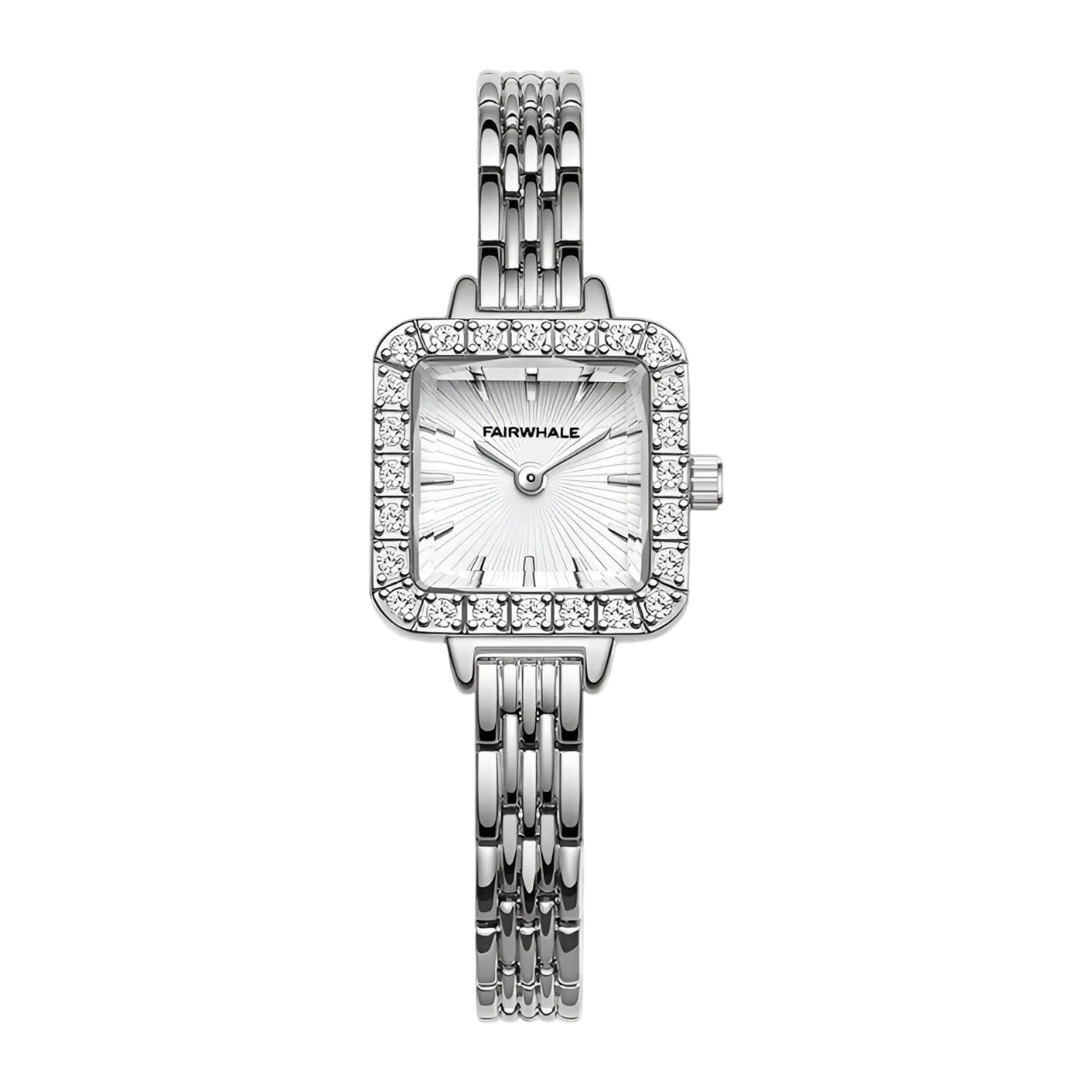 Silver watch with diamond accents on a white background