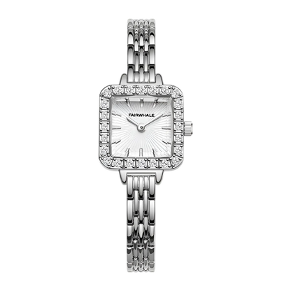 Silver watch with diamond accents on a white background
