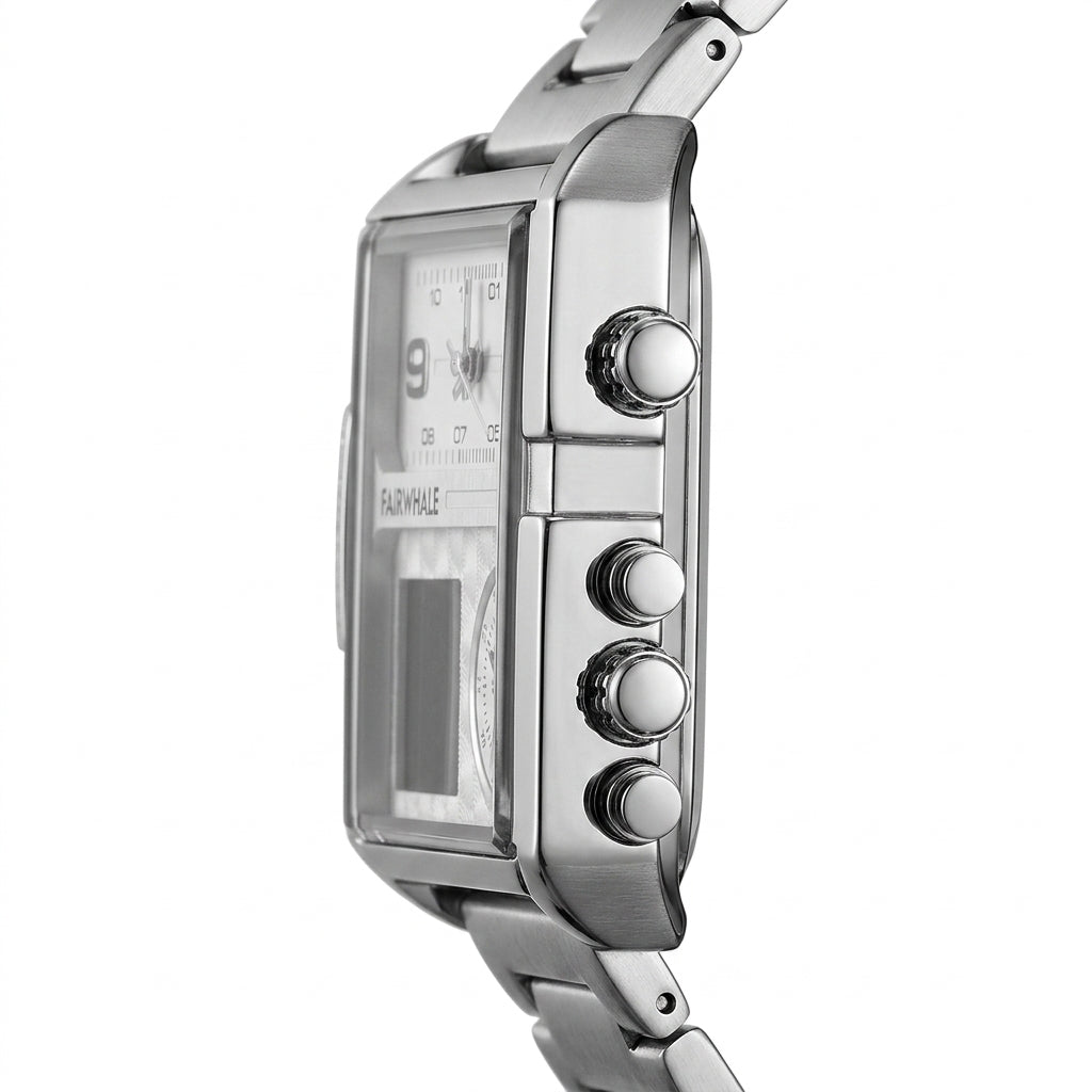 Silver watch with digital and analog display on a white background