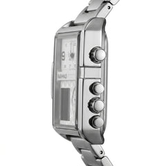 Silver watch with digital and analog display on a white background