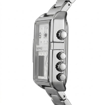 Silver watch with digital and analog display on a white background