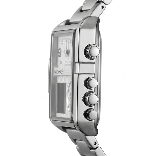 Silver watch with digital and analog display on a white background
