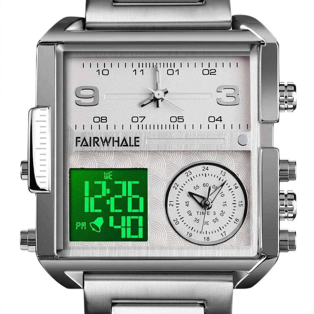 Silver watch with digital and analog display on a white background