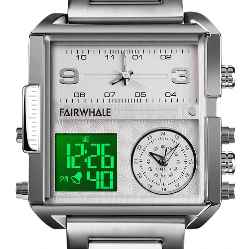 Silver watch with digital and analog display on a white background
