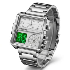 Silver watch with digital and analog display on a white background