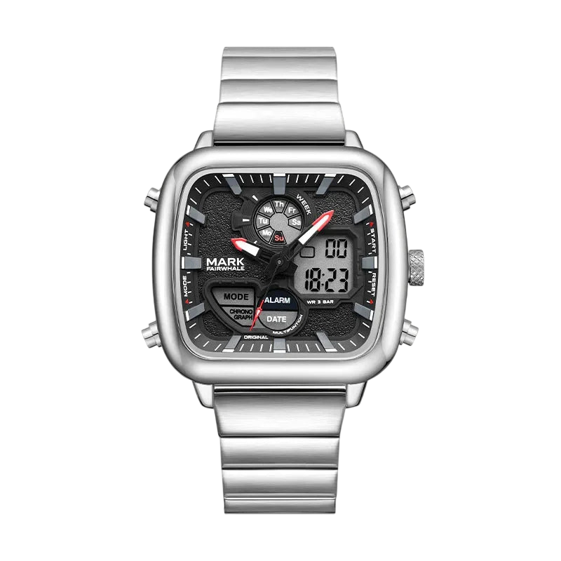 Silver watch with digital and analog display on a black background