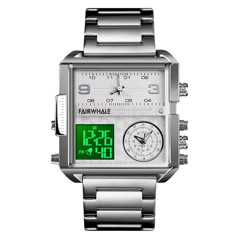 Silver watch with digital and analog display on a white background
