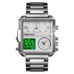 Silver watch with digital and analog display on a white background