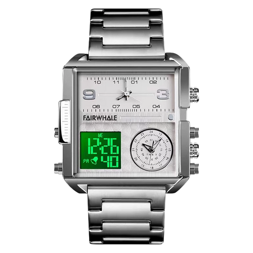 Silver watch with digital and analog display on a white background