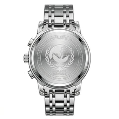 Silver watch with engraved design on a white background