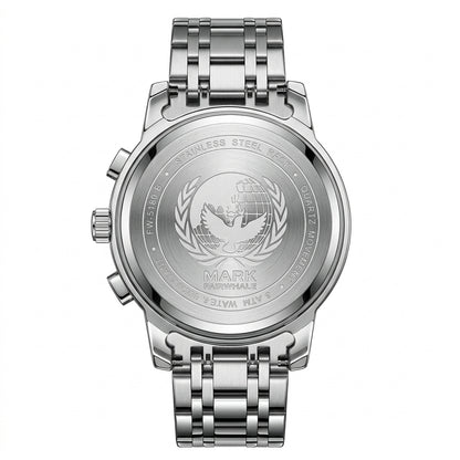Silver watch with engraved design on a white background