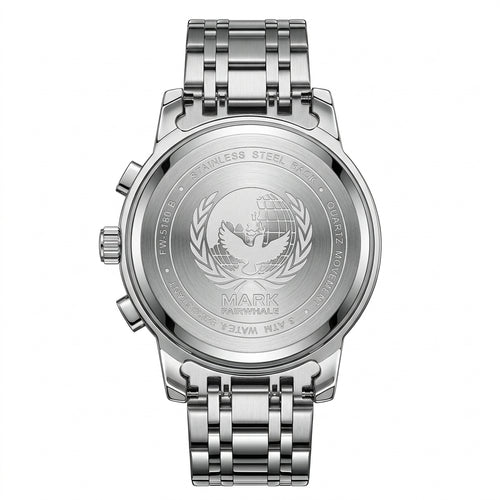 Silver watch with engraved design on a white background