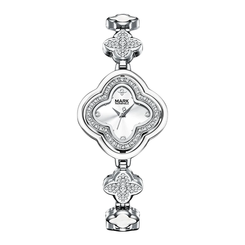 Silver watch with floral designs on a white background