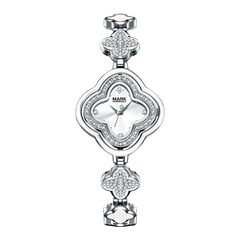 Silver watch with floral designs on a white background