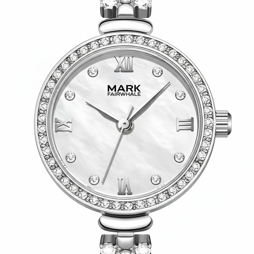 Silver watch with gemstone accents on a white background