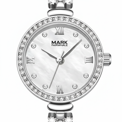 Silver watch with gemstone accents on a white background