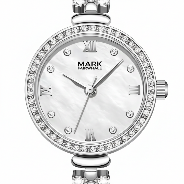 Silver watch with gemstone accents on a white background