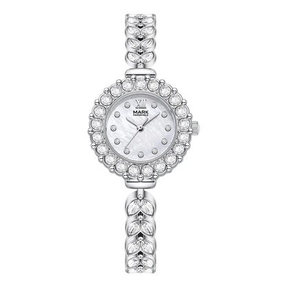 Silver watch with gemstone accents on a white background