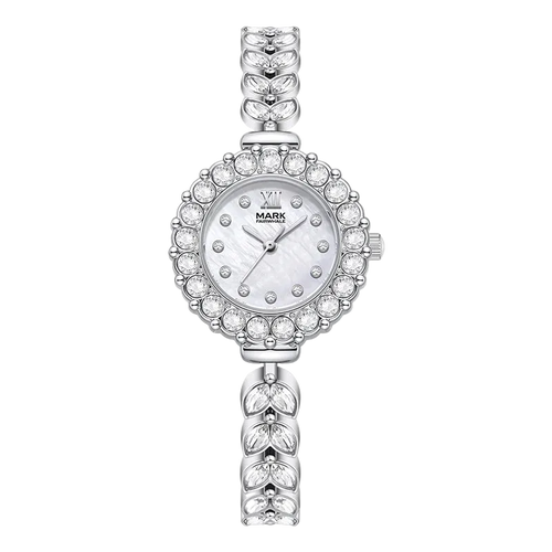 Silver watch with gemstone accents on a white background