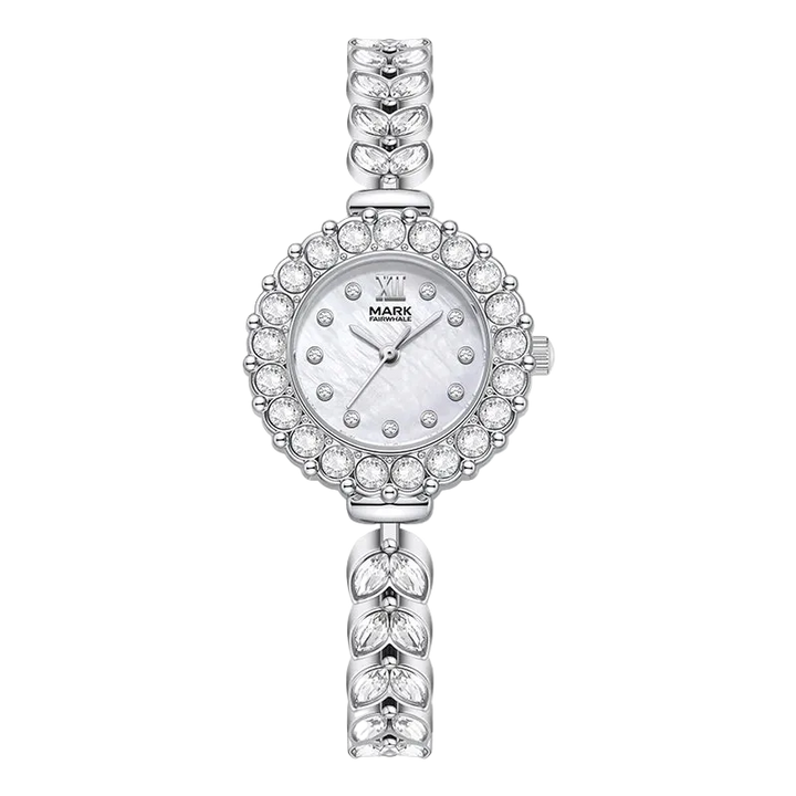 Silver watch with gemstone accents on a white background