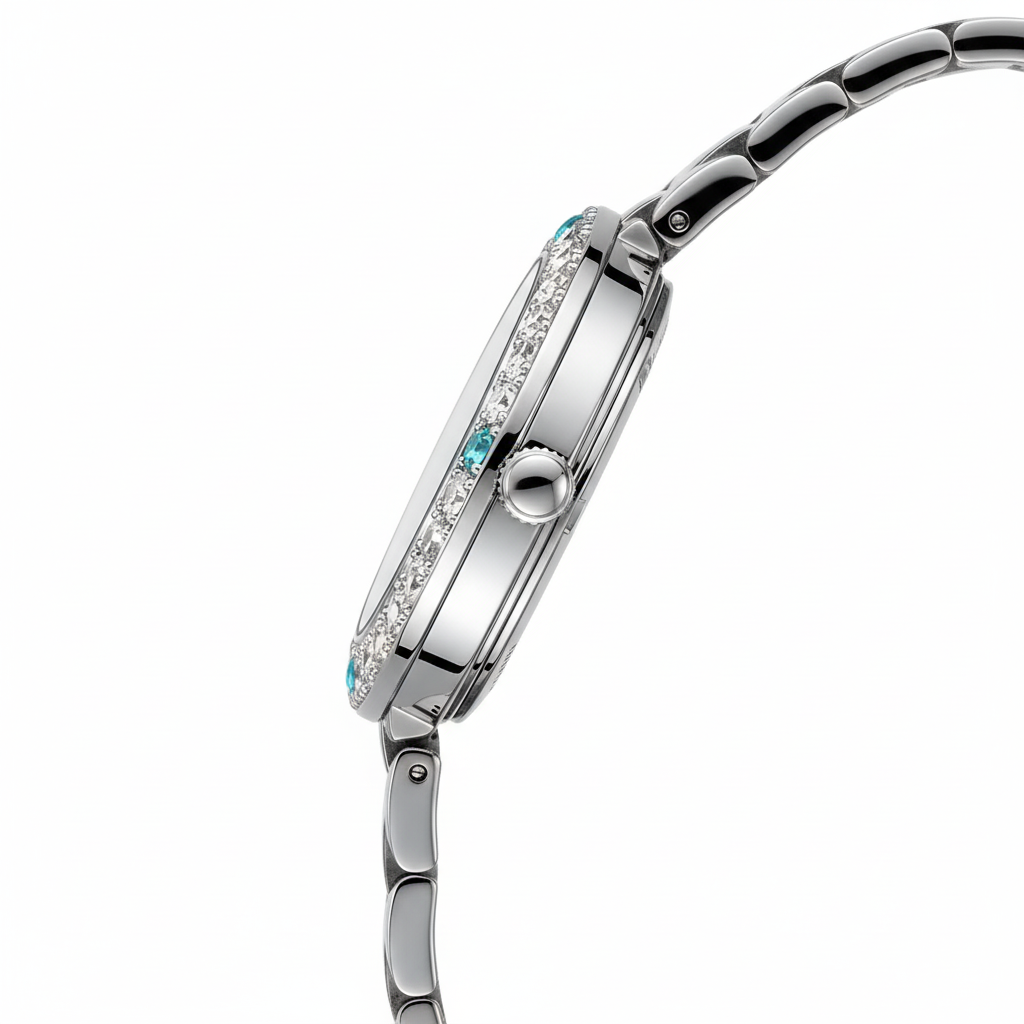 Silver watch with gemstones on a white background